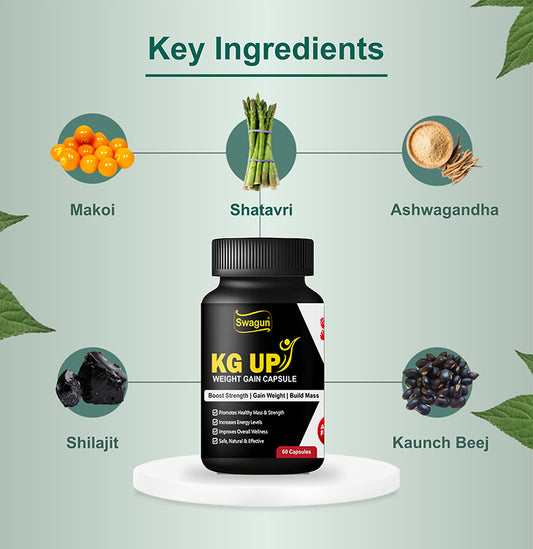 KG UP Ayurvedic Weight Gain Capsules | Best Weight Gainer Ayurvedic Medicine | No side effects and easy to use for gain weight | (Pack Of 60 Capsules in a Jar) image 1