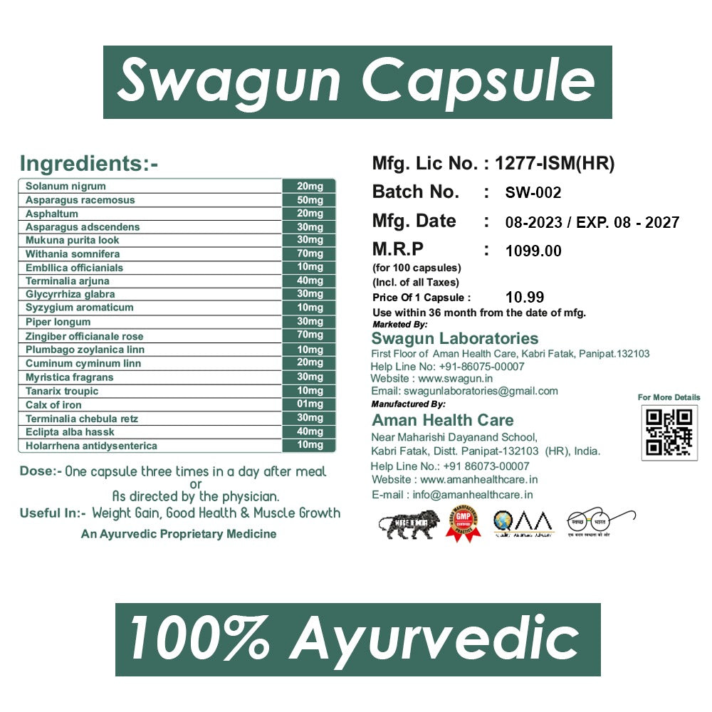 Swagun Ayurvedic weight gainer capsules ingredients list and herbal composition details for healthy weight management