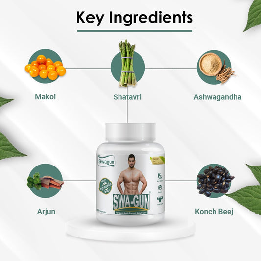 Swagun Ayurvedic weight gainer capsules key ingredients including Ashwagandha Shatavari Arjun Makoi and Konch Beej