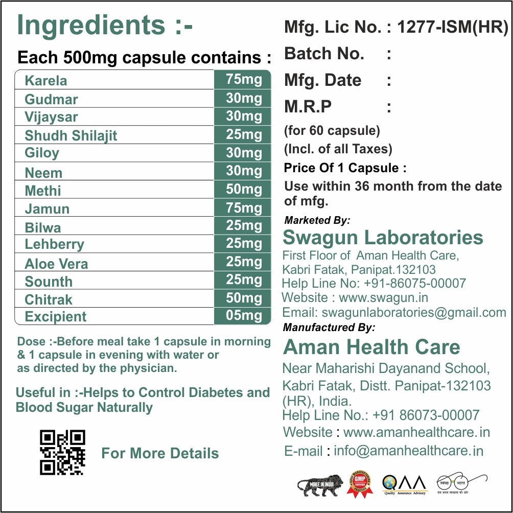 Swagun Madhupatan ayurvedic diabetes capsules ingredients label showing karela jamun neem giloy gudmar herbal formula for natural blood sugar control