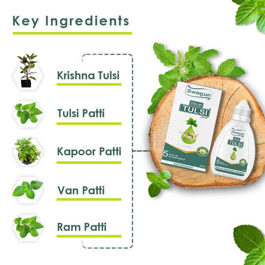 Swagun Tulsi Drops key ingredients including Krishna Tulsi, Tulsi Patti, Kapoor Tulsi, Van Tulsi and Ram Tulsi extract