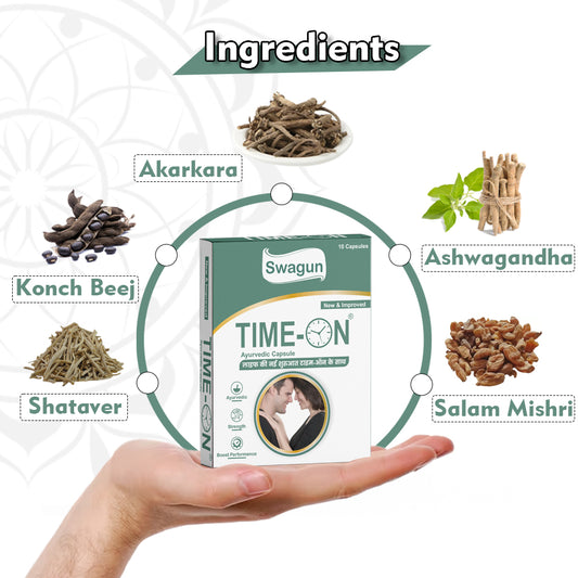 Time-On ayurvedic vitality capsule with herbal ingredients like ashwagandha shatavari konch beej akarkara and salam mishri for men wellness support