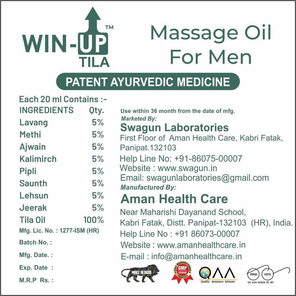 Win Up Tila herbal massage oil for men Ayurvedic ingredients label showing herbal formulation and product information