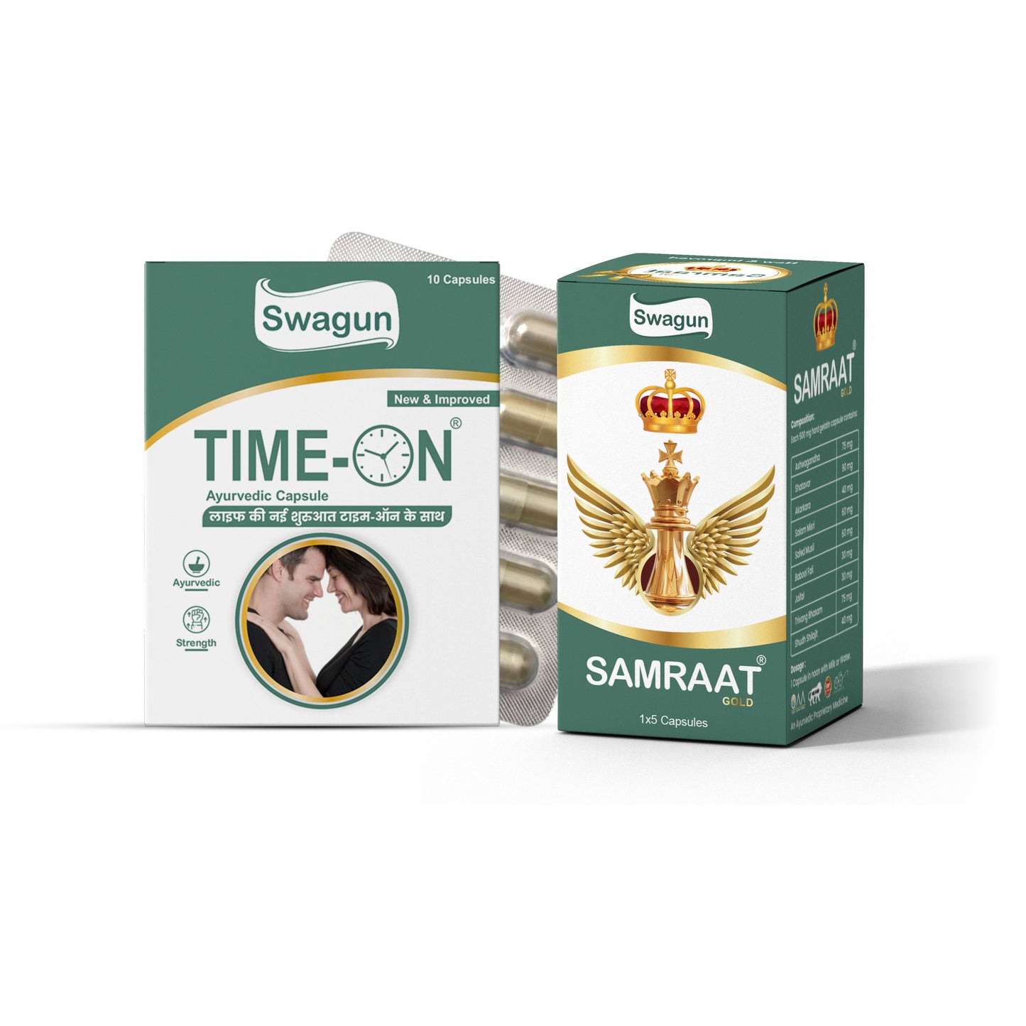Men Vitality Combo Pack – Swagun  Time-On & Samraat Gold Ayurvedic Capsules (Pack Of 2+1)