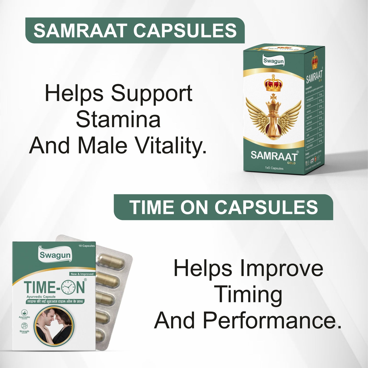 Men Vitality Combo Pack – Swagun  Time-On & Samraat Gold Ayurvedic Capsules (Pack Of 2+1)