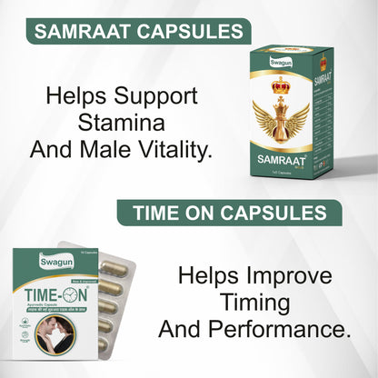 Men Vitality Combo Pack – Swagun  Time-On & Samraat Gold Ayurvedic Capsules (Pack Of 2+1)