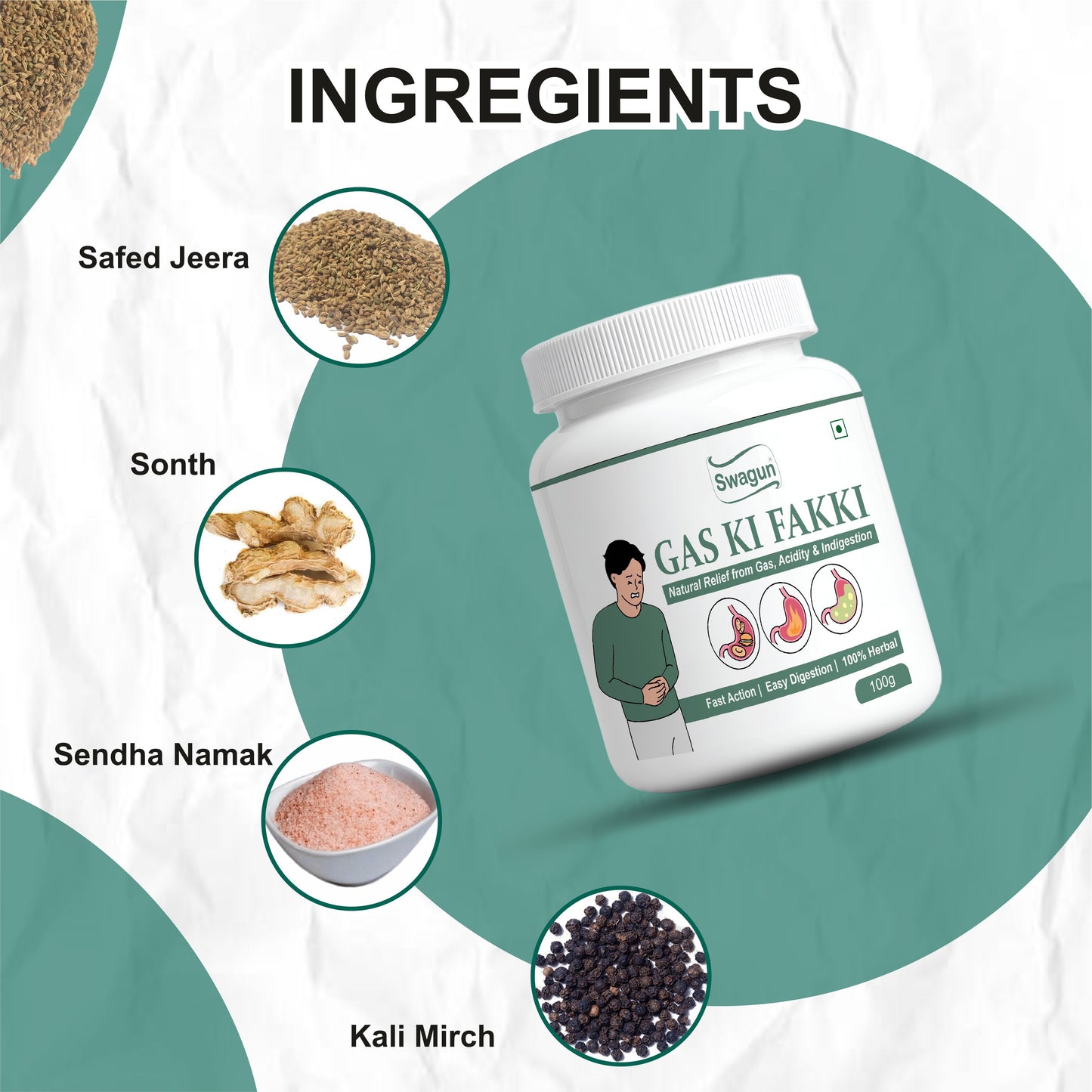 Ayurvedic Digestive Powder for Gas, Acidity & Bloating | Swagun Gas Ki Fakki 100g