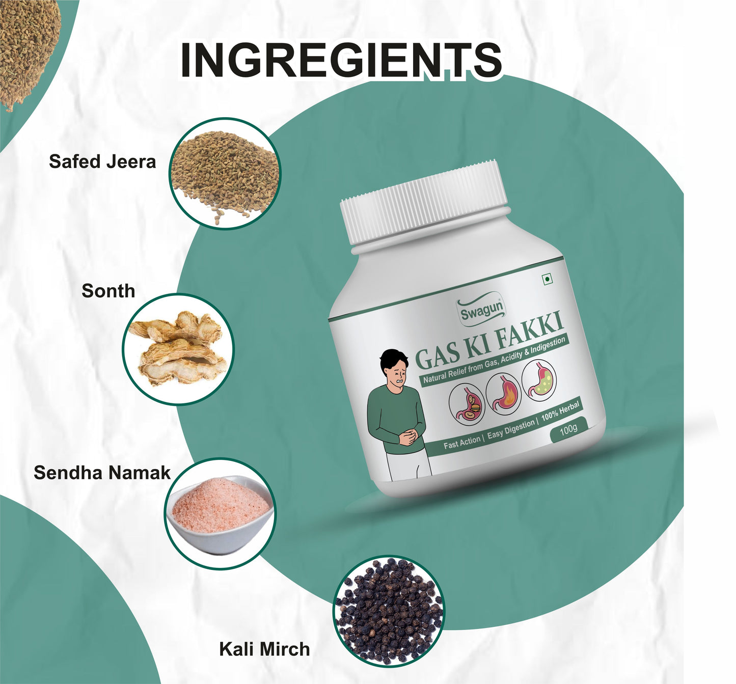 Ayurvedic Digestive Powder for Gas, Acidity & Bloating | Swagun Gas Ki Fakki 100g