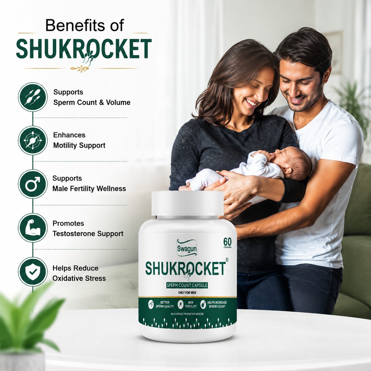Shukrocket Ayurvedic Sperm Count Health Capsules for Men | Male Fertility Support | Swagun-60 Cap.