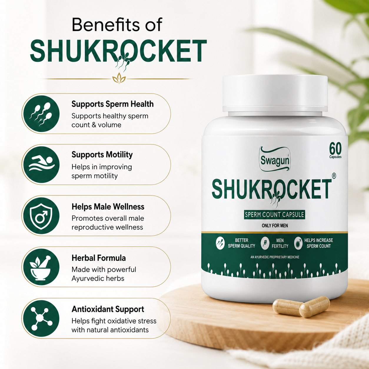 Shukrocket Ayurvedic Sperm Count Health Capsules for Men | Male Fertility Support | Swagun-60 Cap.