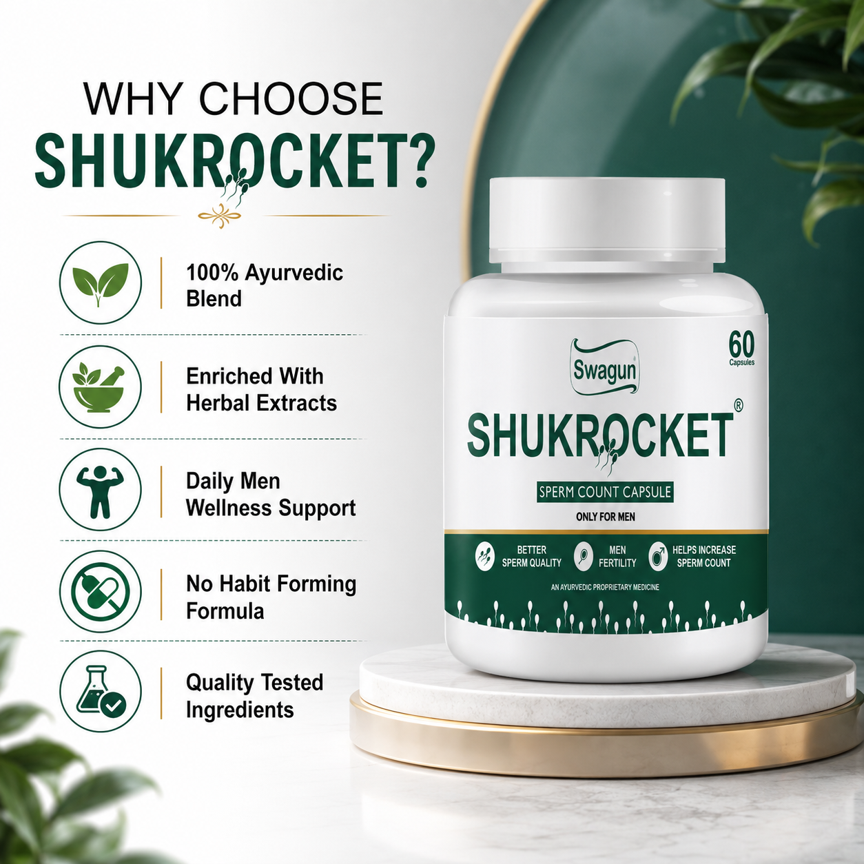 Shukrocket Ayurvedic Sperm Count Health Capsules for Men | Male Fertility Support | Swagun-60 Cap.