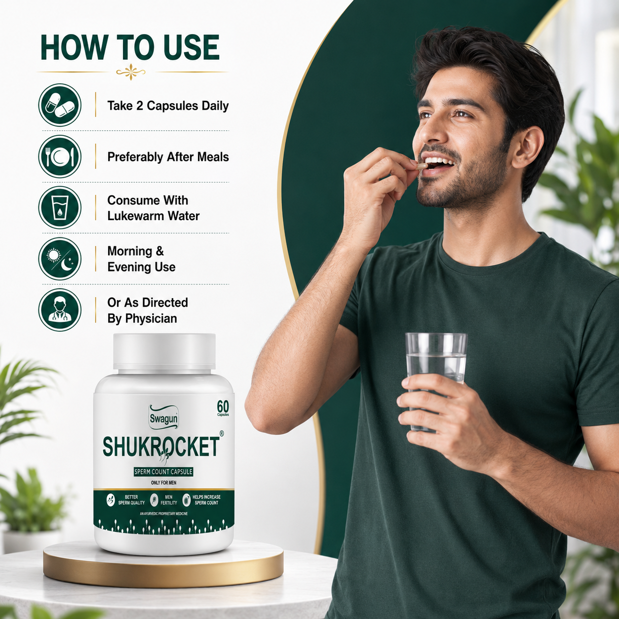 Shukrocket Ayurvedic Sperm Count Health Capsules for Men | Male Fertility Support | Swagun-60 Cap.