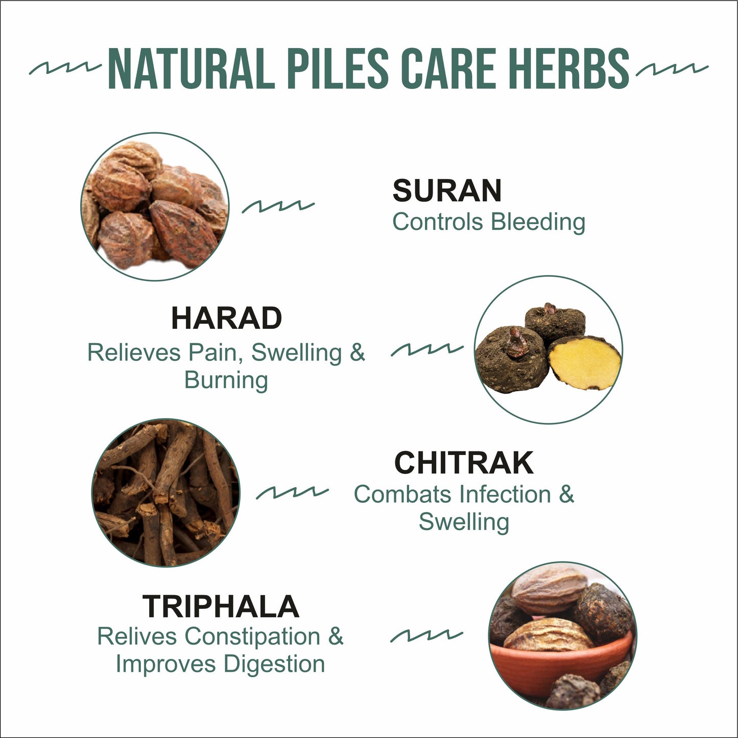 Natural Ayurvedic herbs for piles relief suran harad chitrak triphala used in Swagun Arshfit herbal piles capsule