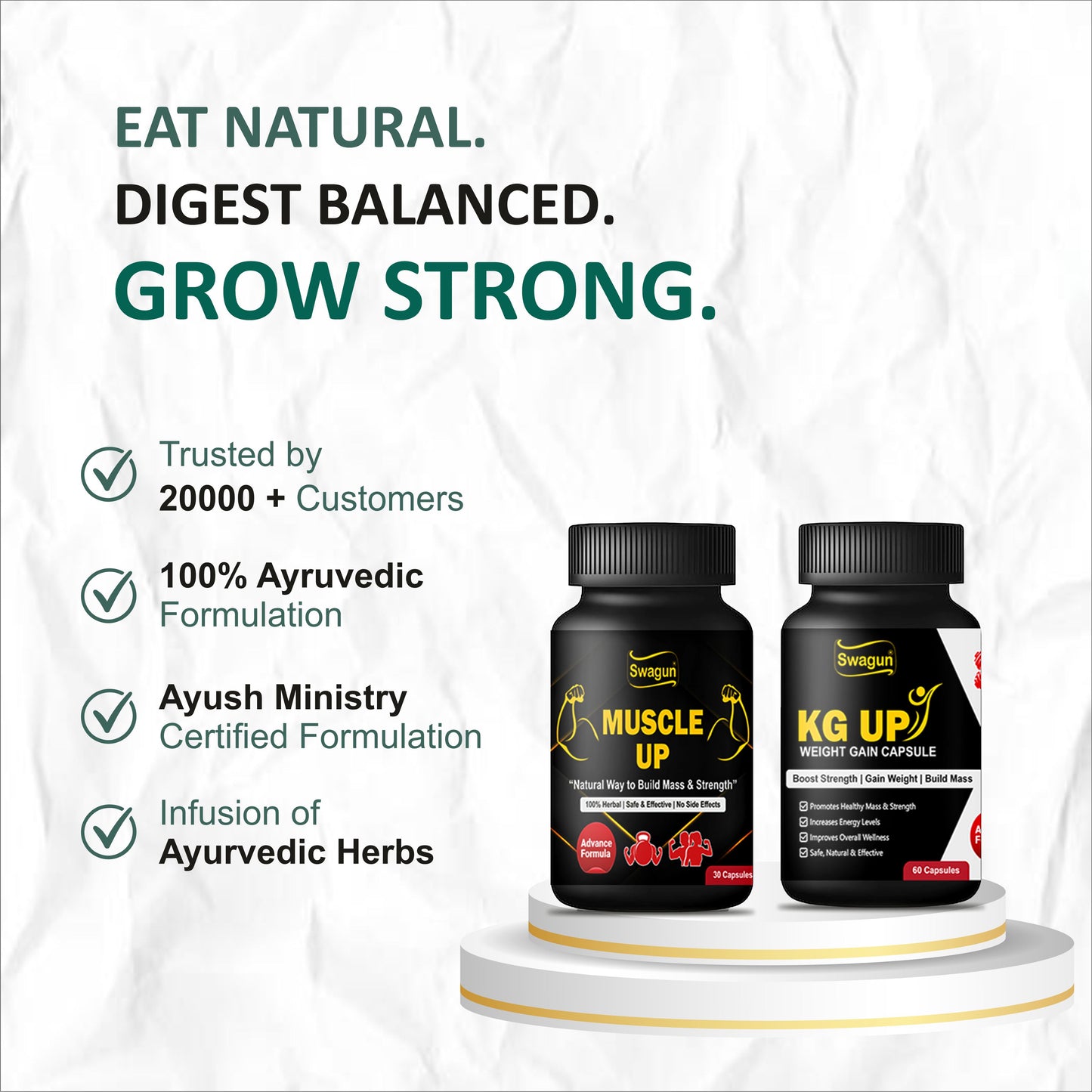 Swagun Weight Gain & Muscle Strength Support Combo Capsules | Ayurvedic Herbal Supplement for Appetite, Digestion & Daily Wellness (KG Up + Muscle Up)