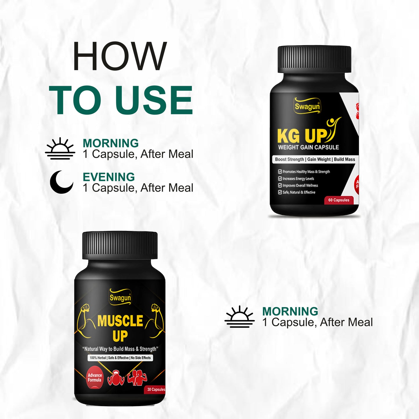 Swagun Weight Gain & Muscle Strength Support Combo Capsules | Ayurvedic Herbal Supplement for Appetite, Digestion & Daily Wellness (KG Up + Muscle Up)