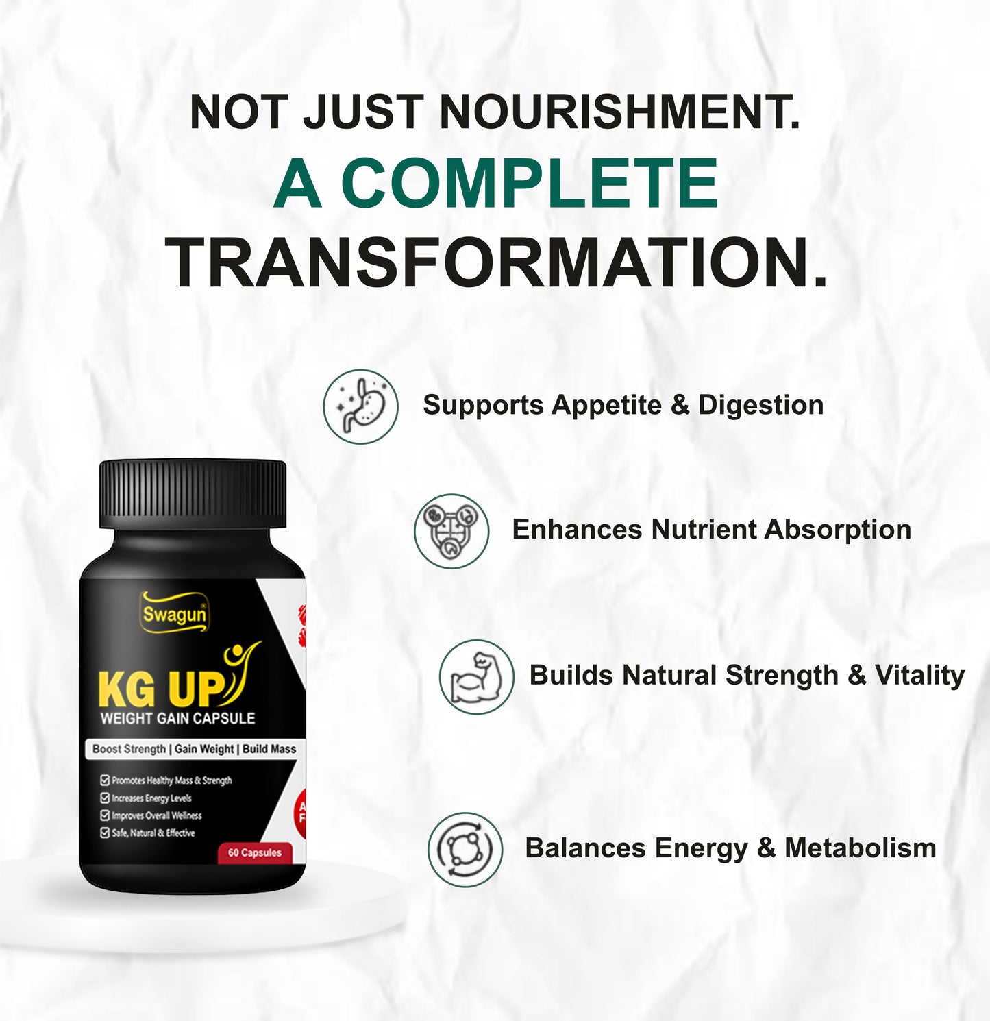 Swagun KG UP Ayurvedic Weight Gain Capsules for Healthy Muscle & Appetite –  60 Capsules