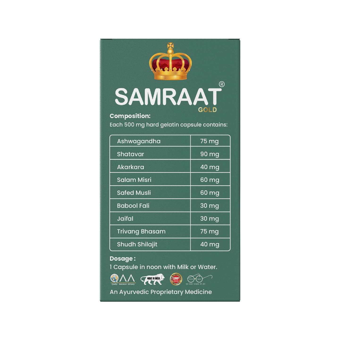Samraat gold ayurvedic capsule composition with shilajit ashwagandha safed musli shatavari and herbal stamina ingredients