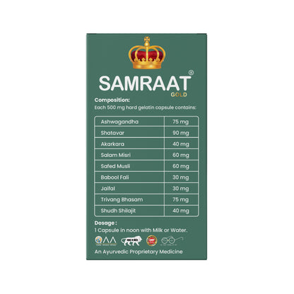 Samraat gold ayurvedic capsule composition with shilajit ashwagandha safed musli shatavari and herbal stamina ingredients