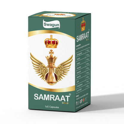 Samraat Gold ayurvedic stamina capsules with shilajit ashwagandha and safed musli herbal supplement for energy vitality and performance support