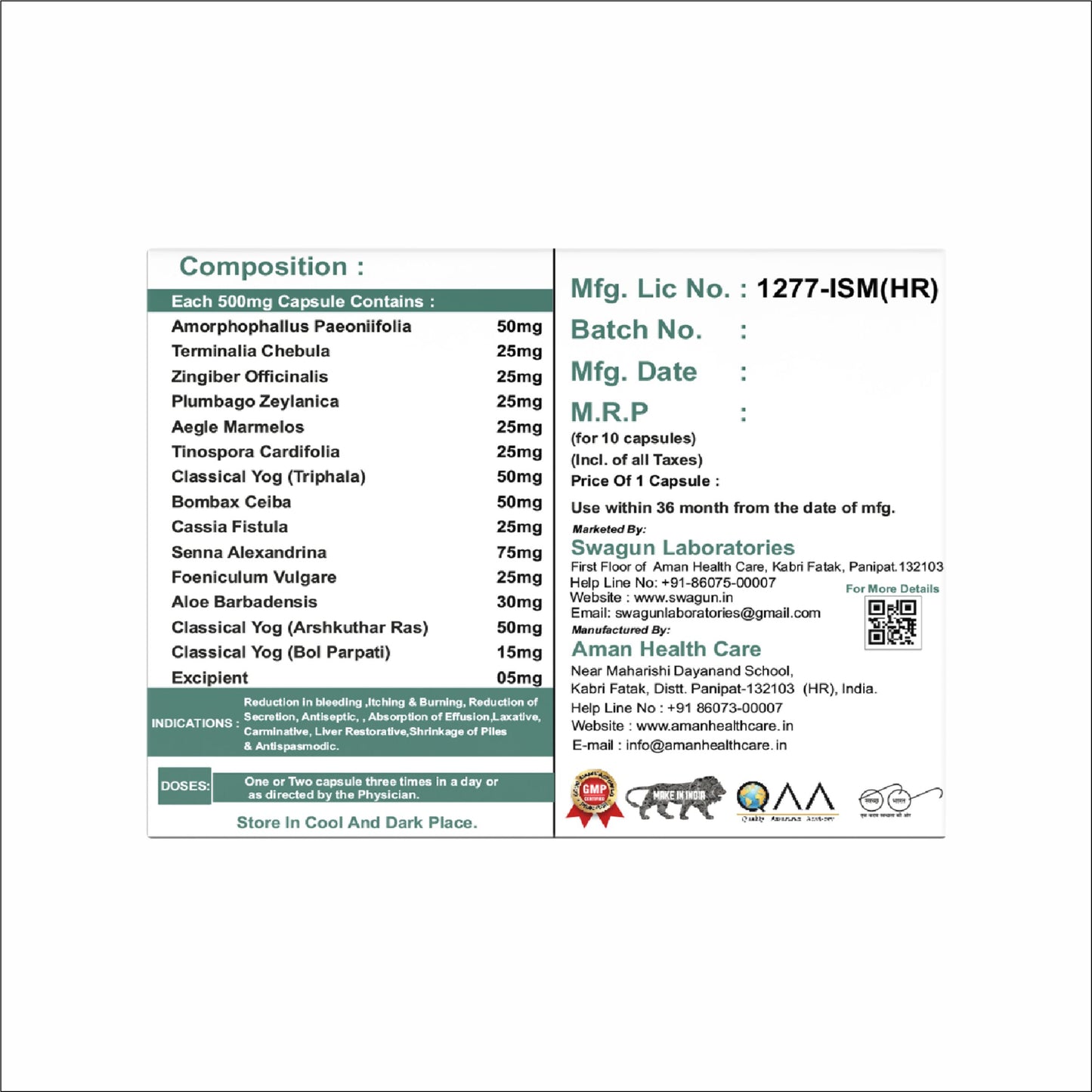 Swagun Arshfit Ayurvedic piles capsule composition showing herbal ingredients used for hemorrhoids and piles treatment