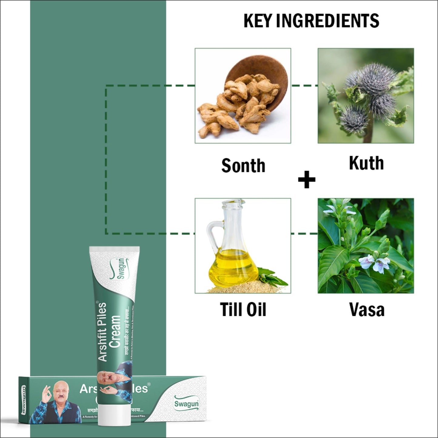 Key herbal ingredients of Swagun Arshfit Ayurvedic piles cream including sonth kuth till oil and vasa for hemorrhoids relief