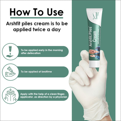 Instructions on how to apply Swagun Arshfit Ayurvedic piles cream for hemorrhoids treatment including morning and bedtime application