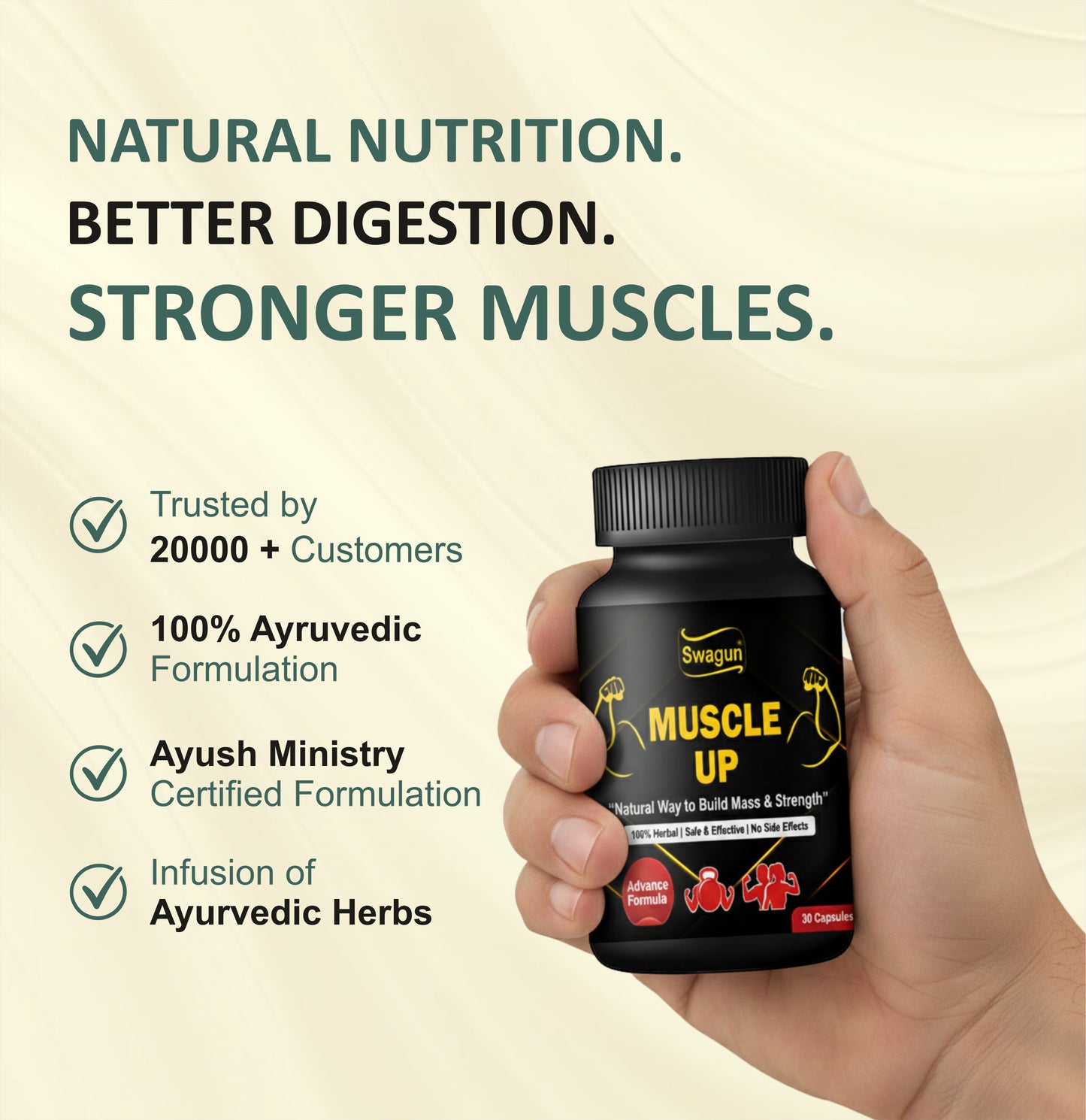 Swagun Ayurvedic Muscle Gainer Capsules bottle held in hand for natural fitness support