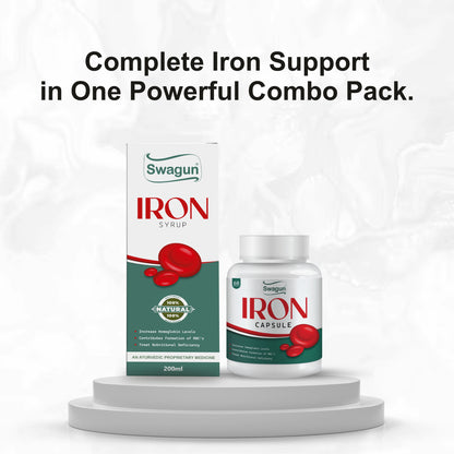 Iron supplement combo pack with iron syrup and capsules for hemoglobin and energy support