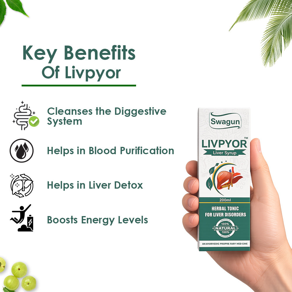 Swagun Livpyor Ayurvedic liver syrup key benefits including liver detox blood purification digestion and energy support