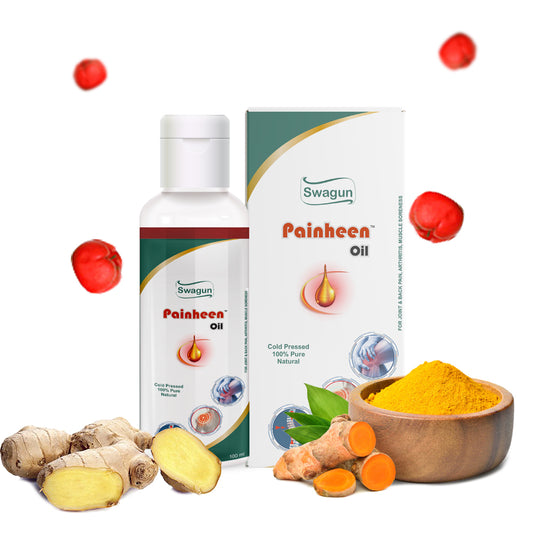 Swagun Painheen Warming Oil bottle and packaging with natural turmeric and ginger ingredients for joint and knee pain relief.