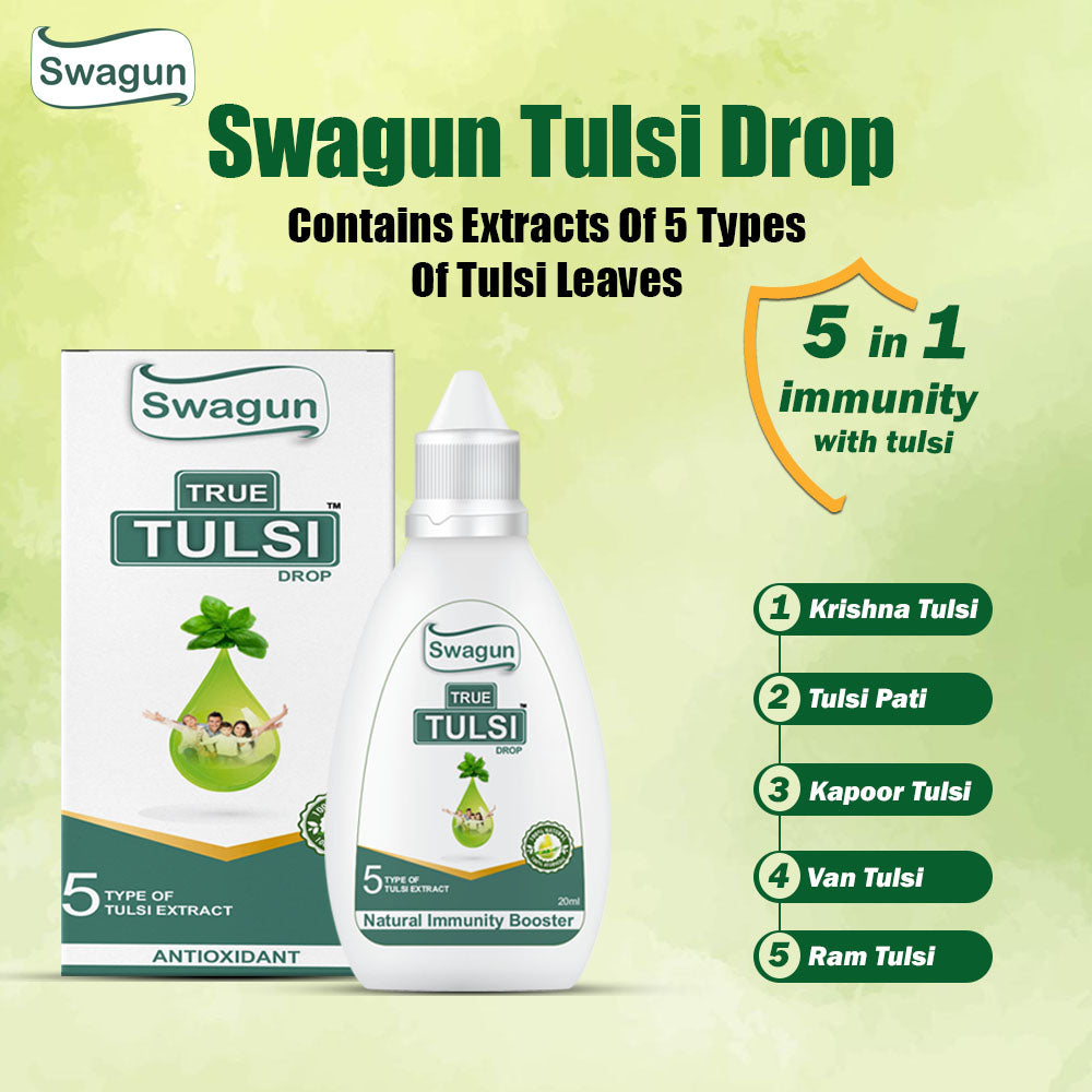 Swagun Tulsi Drops with 5 types of Tulsi extract including Krishna, Ram, Van and Kapoor Tulsi for daily immunity support