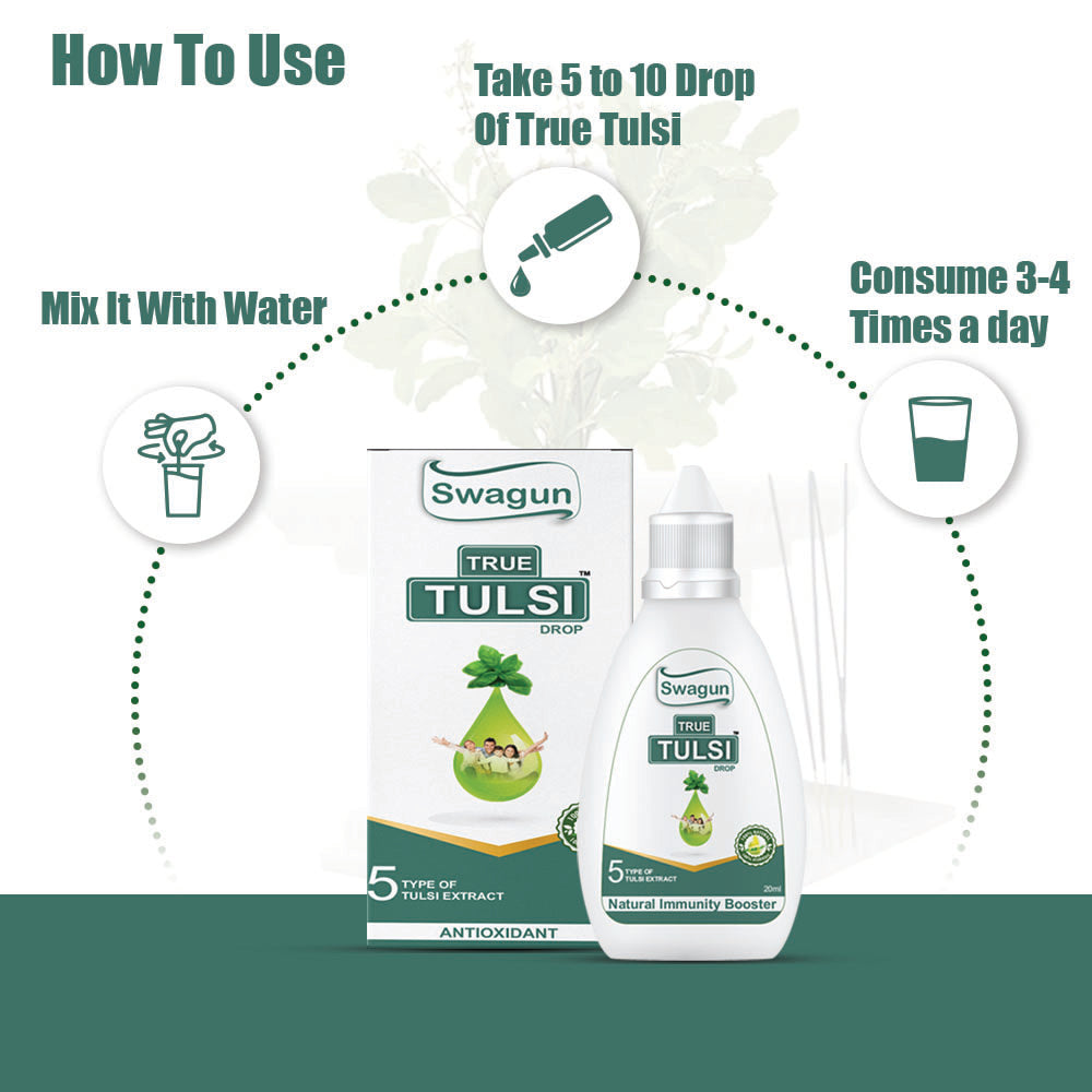 How to use Swagun Tulsi Drops by mixing 5 to 10 drops in water for daily Ayurvedic immunity support
