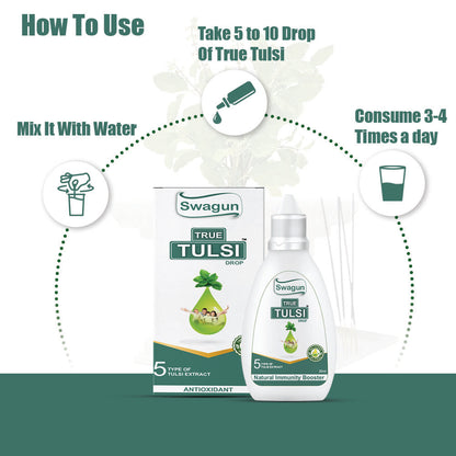 How to use Swagun Tulsi Drops by mixing 5 to 10 drops in water for daily Ayurvedic immunity support