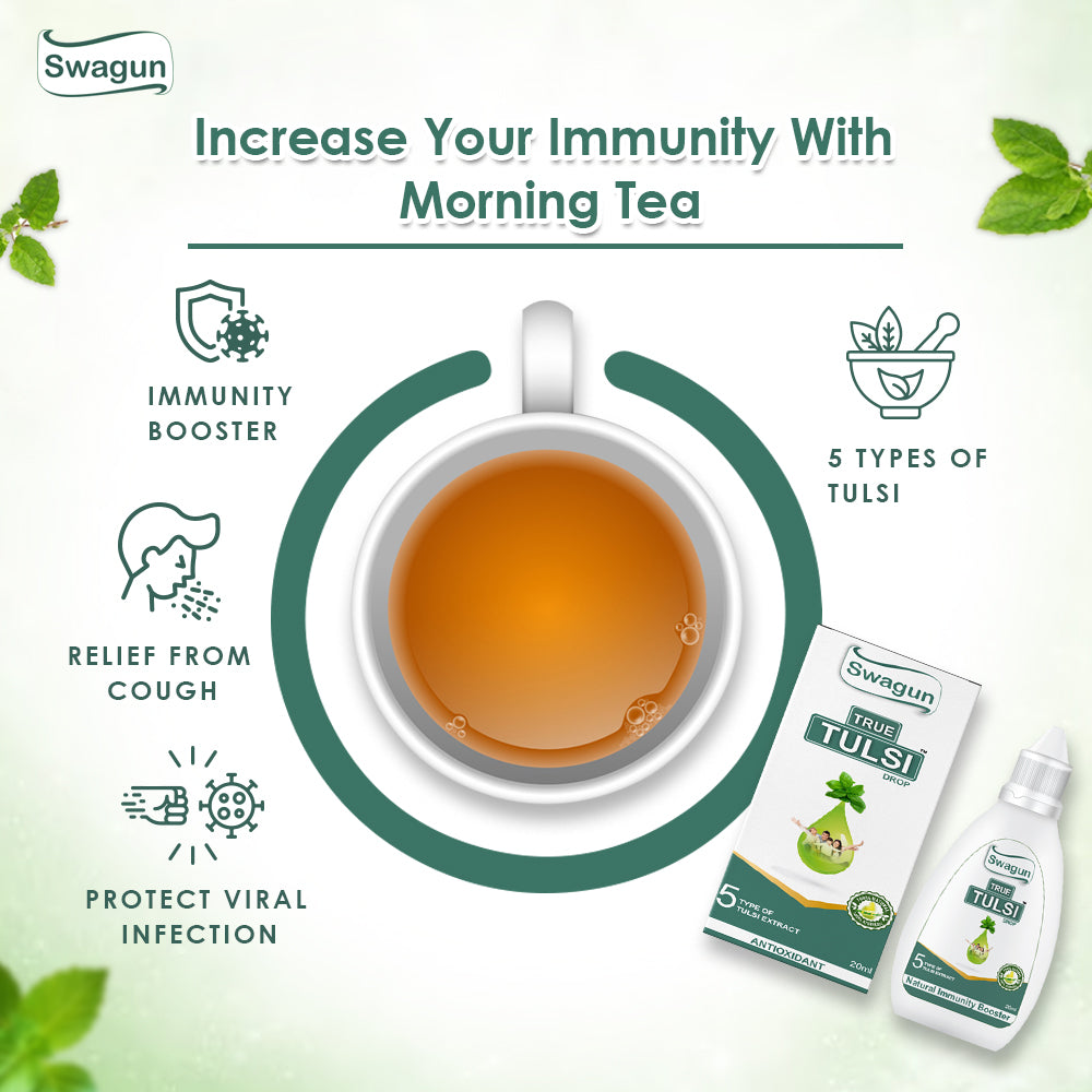 Swagun Tulsi Drops added to morning tea for daily immunity support and wellness routine