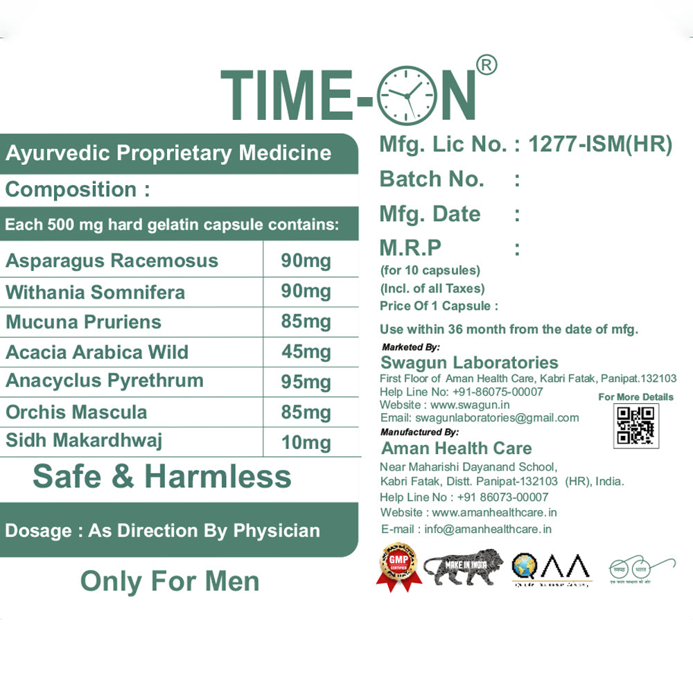 Time-On ayurvedic capsule composition with herbal ingredients like ashwagandha mucuna pruriens shatavari and anacyclus pyrethrum