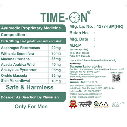 Time-On ayurvedic capsule composition with herbal ingredients like ashwagandha mucuna pruriens shatavari and anacyclus pyrethrum