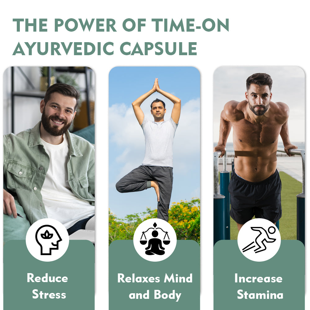 Time-On ayurvedic vitality capsule supporting daily energy stamina and relaxation as part of herbal wellness routine