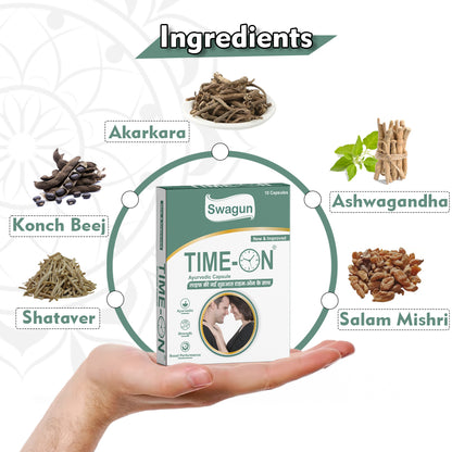 Time-On ayurvedic vitality capsule with herbal ingredients like ashwagandha shatavari konch beej akarkara and salam mishri for men wellness support