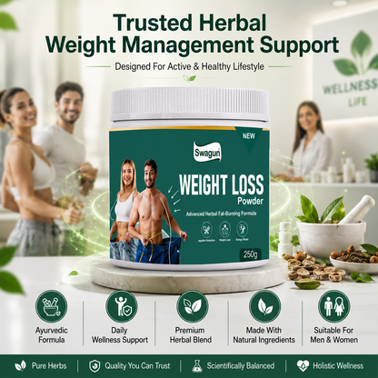 Swagun Weight Loss Powder packaging with lifestyle images and product features.