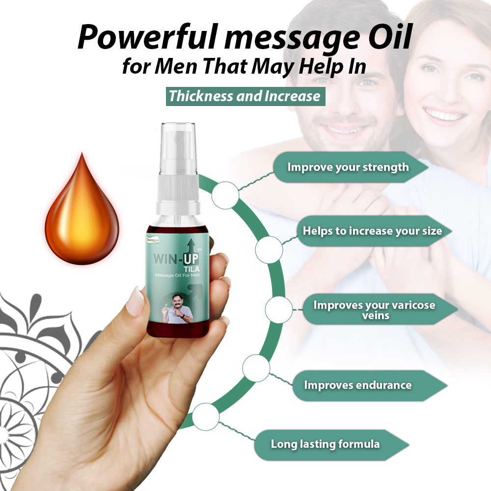 Win Up Tila herbal massage oil for men natural Ayurvedic men wellness massage oil bottle held in hand with product benefits graphic