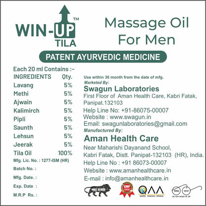 Win Up Tila herbal massage oil for men Ayurvedic ingredients label showing herbal formulation and product information