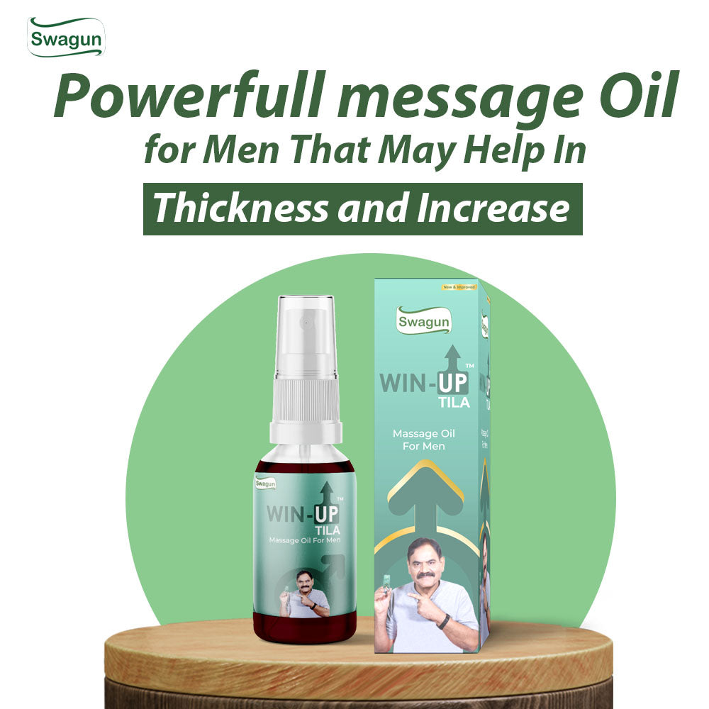 Win Up Tila herbal massage oil for men Ayurvedic men wellness massage oil bottle with product packaging on display